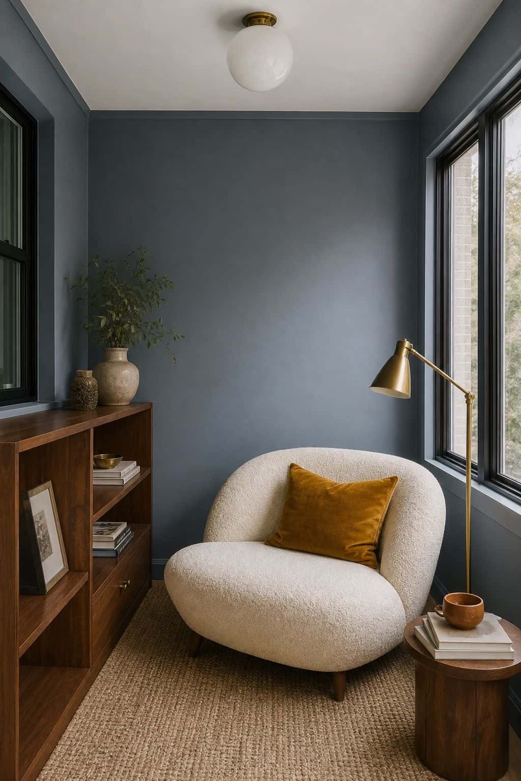 Stormy blue gray sunroom with cream boucle chair, walnut bookcase, brass reading lamp, mustard pillow, and rust cup