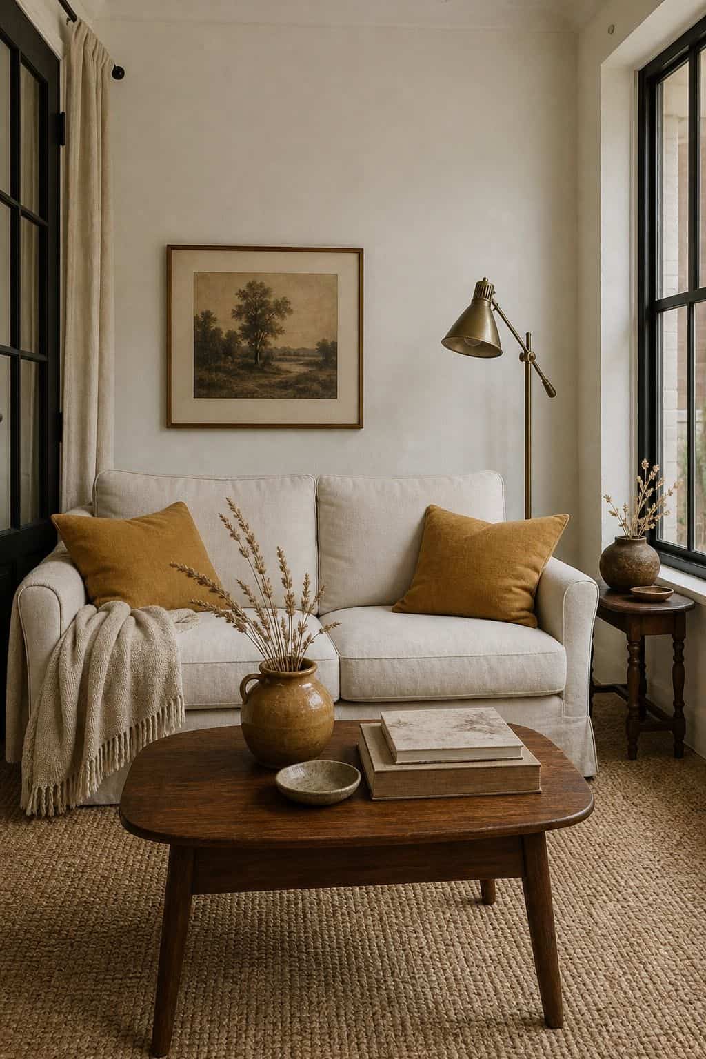 Vintage cottage sunroom with cream sofa, walnut coffee table, mustard pillows, ochre vase, and dried wheat