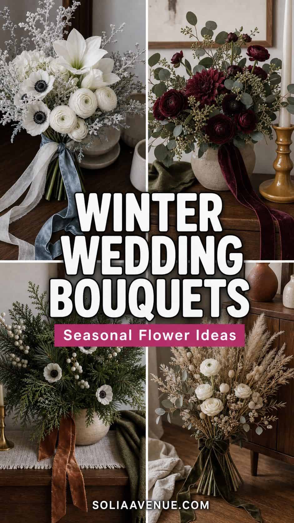 Pinterest pin for winter wedding bouquet ideas with seasonal flowers and greenery