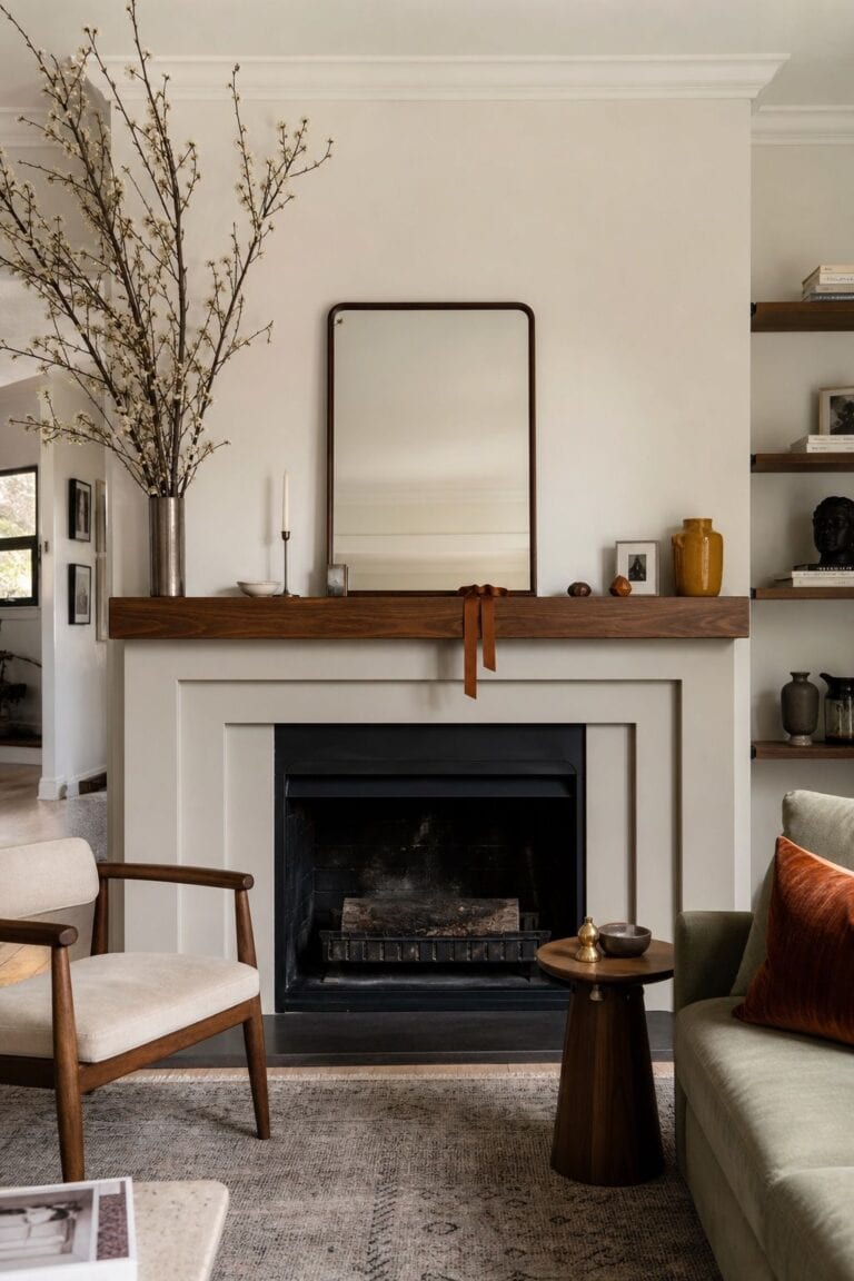 New Year mantel decor with a walnut mantel shelf, tall metallic branches, a mirror, candles, and layered heights