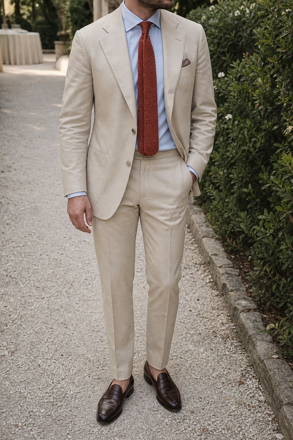 Beige cotton suit summer wedding outfit