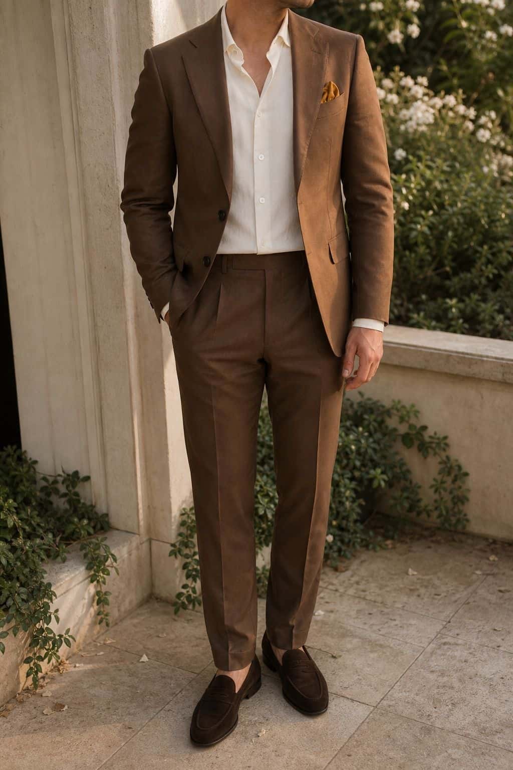 Brown cotton suit with cream shirt for summer weddings
