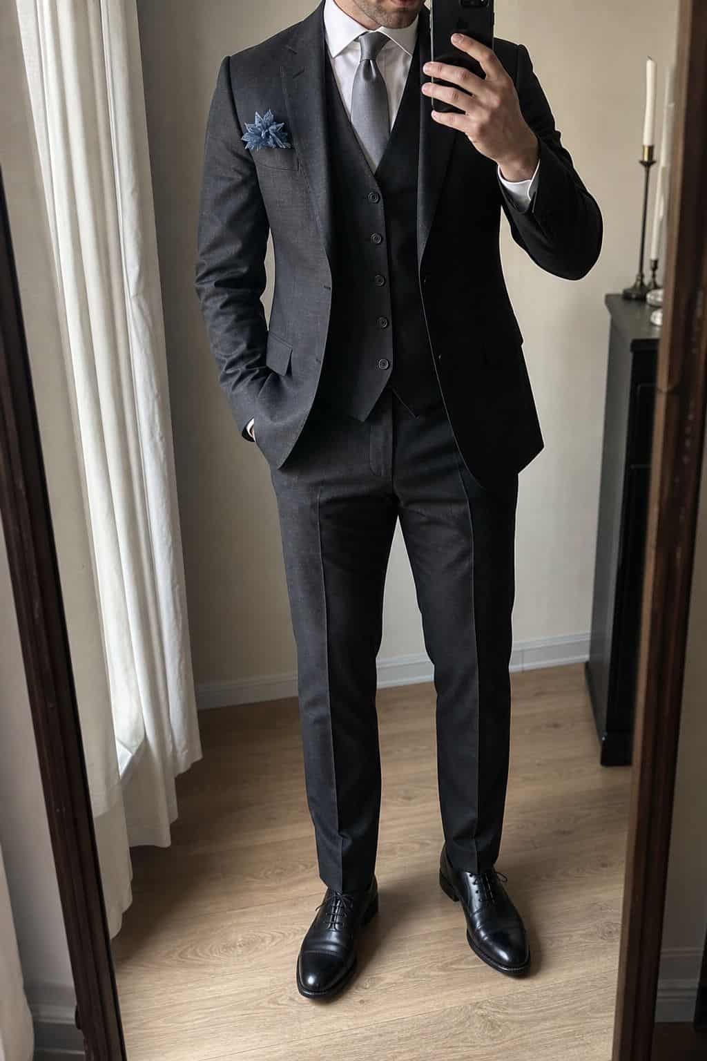 Charcoal three-piece summer suit for men