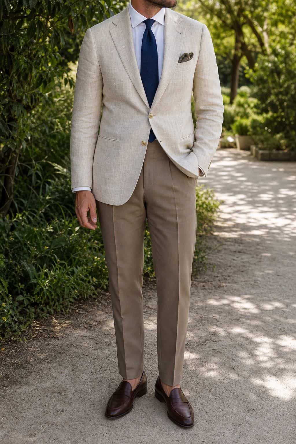 Khaki trousers and linen blazer wedding outfit