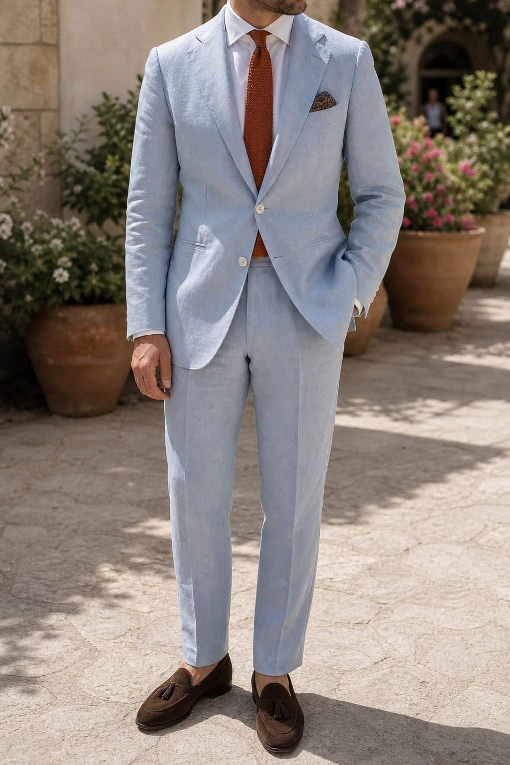 Light blue linen suit for a summer wedding
