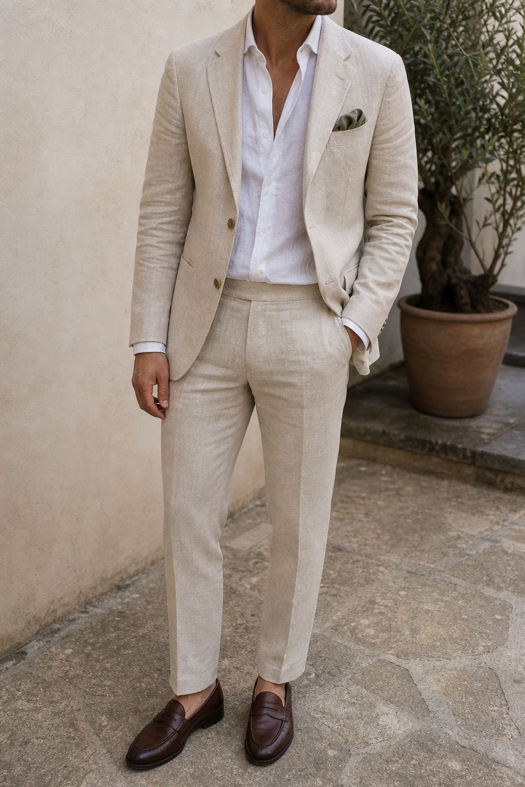 Linen blazer no tie summer wedding outfit