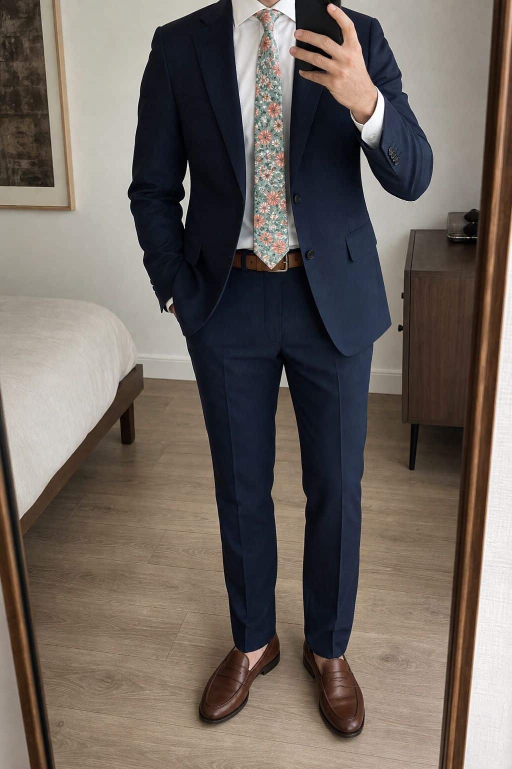 Navy cotton suit with floral tie for summer weddings