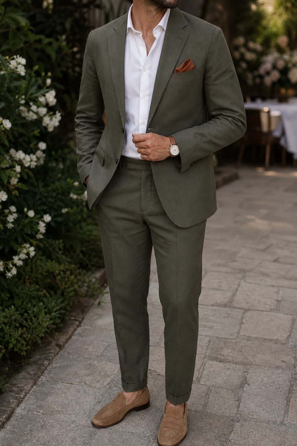 Olive green cotton suit wedding guest outfit