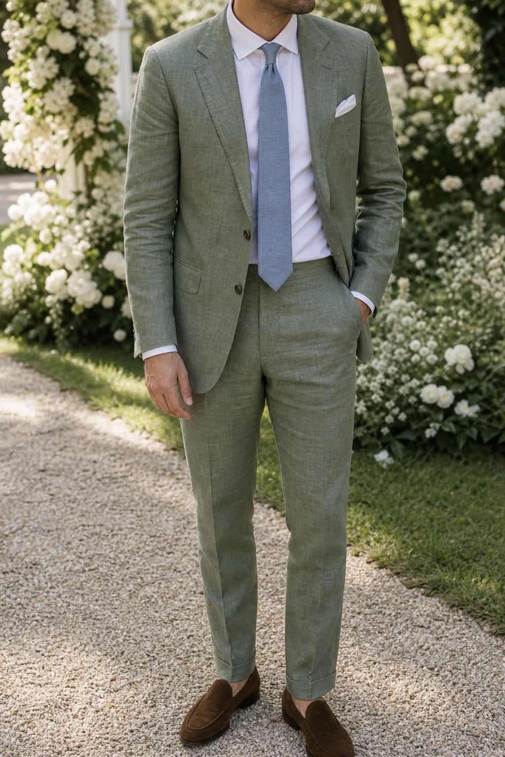 Sage green linen suit summer wedding outfit