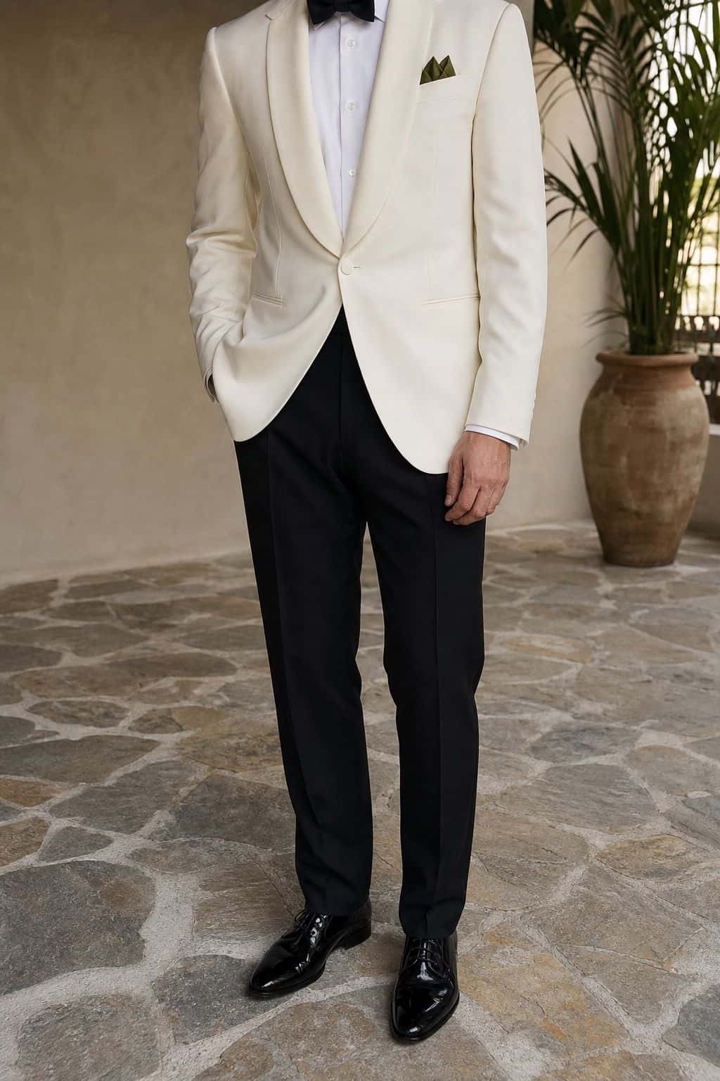 White dinner jacket outfit for a summer wedding