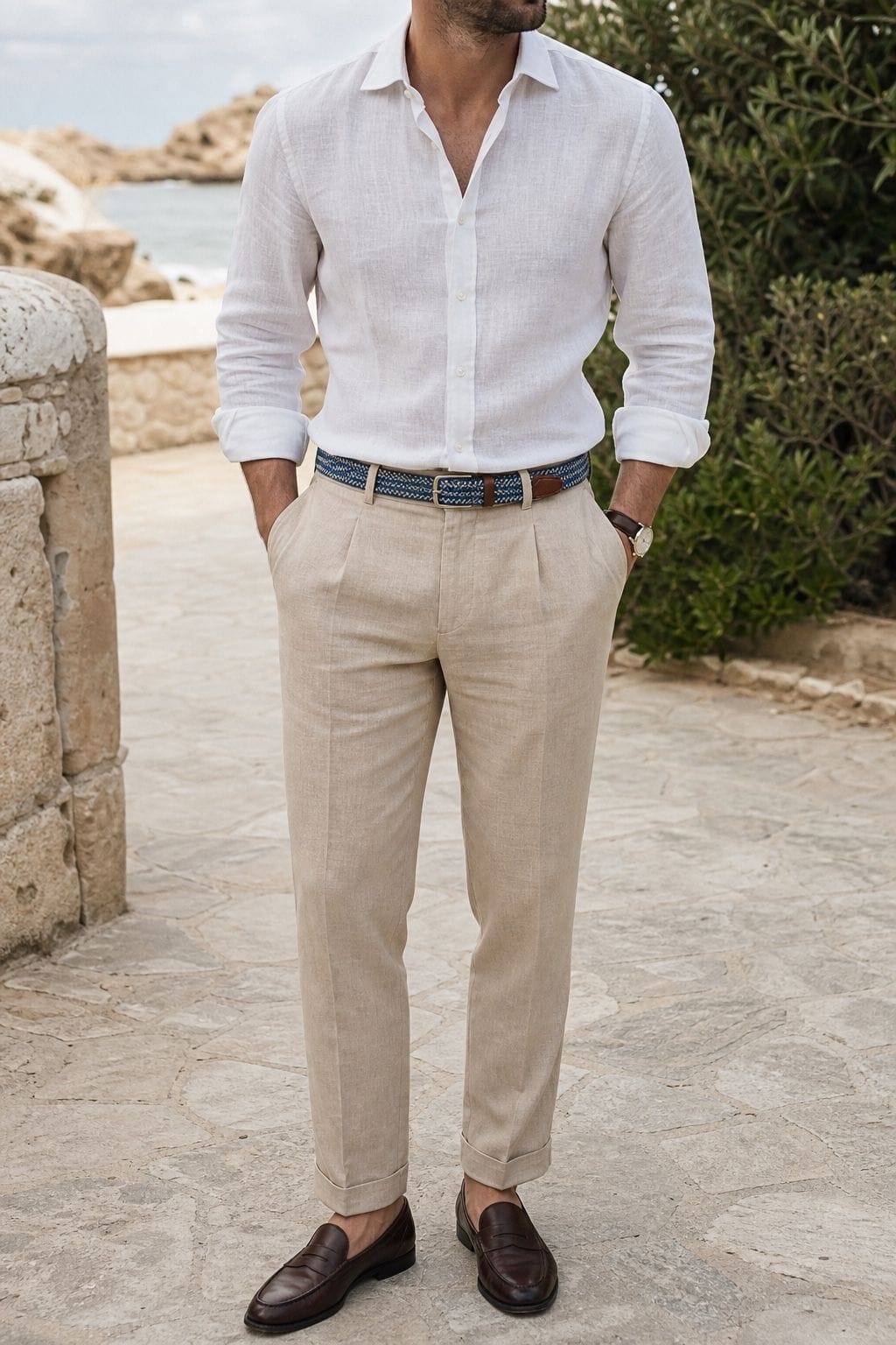 White linen shirt and tan pants beach wedding outfit