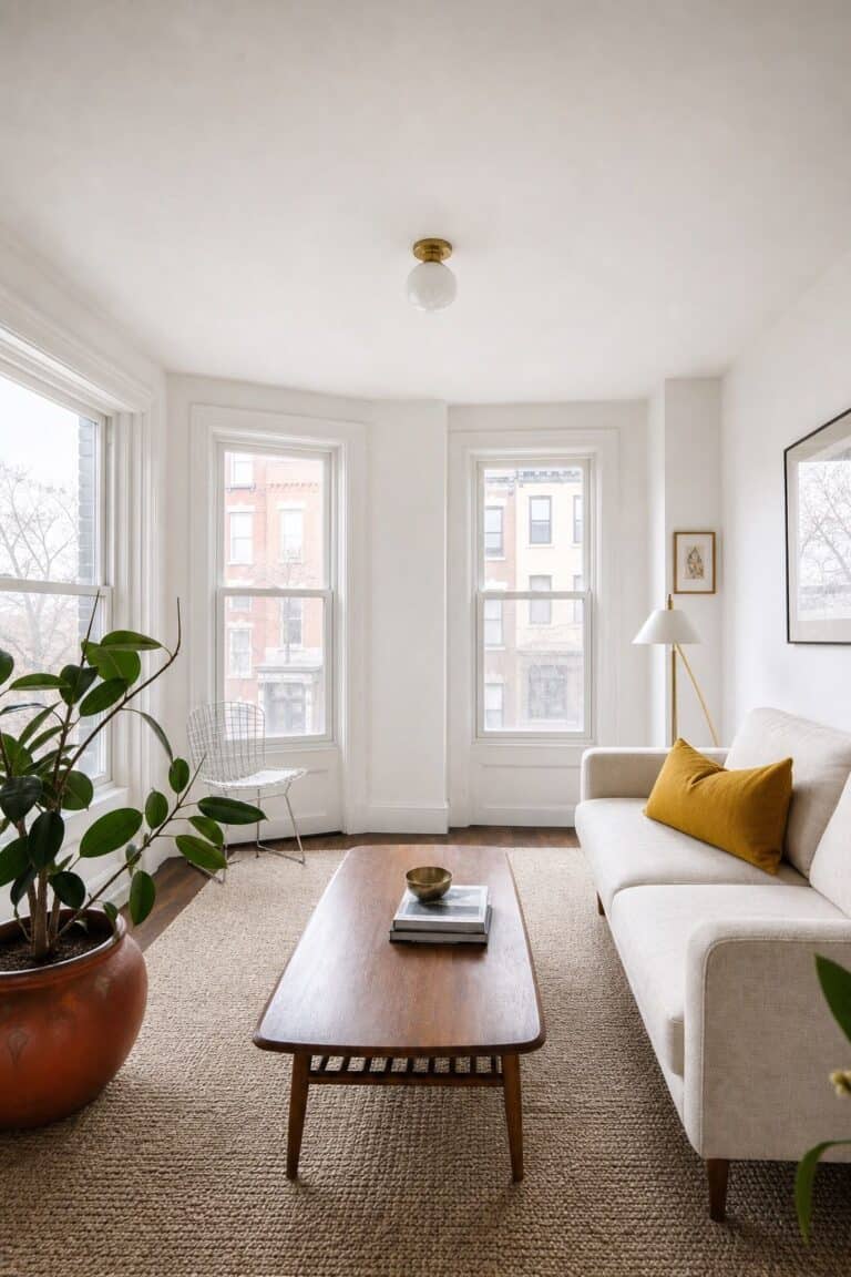Bright small apartment sunroom with a white painted ceiling, walnut coffee table, cream sofa, mustard pillow, and soft natural light.