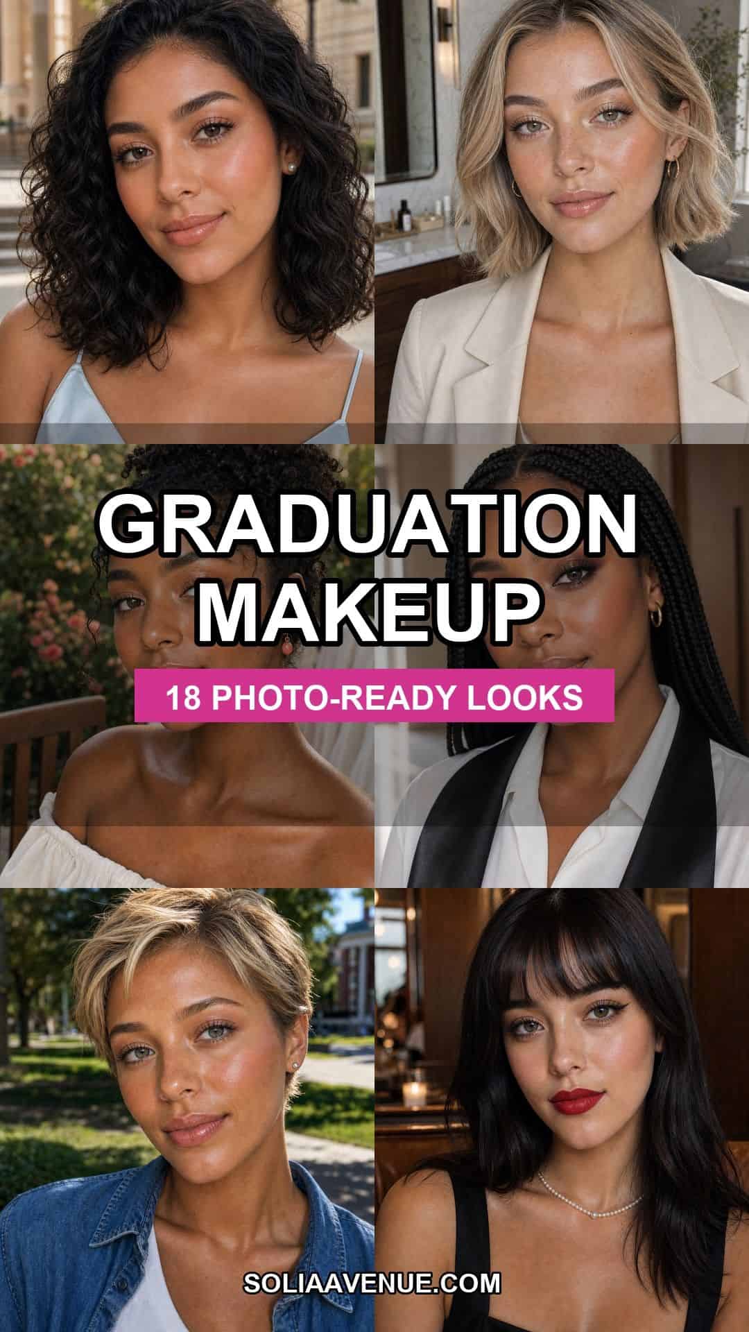 Pinterest pin collage of graduation makeup looks for photo-ready ceremony glam