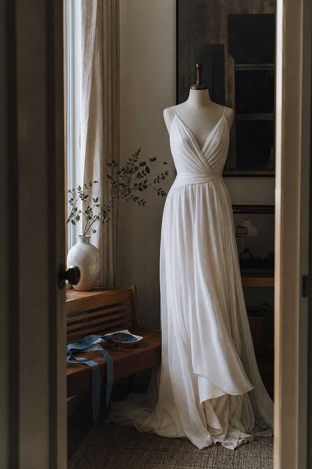 Ivory chiffon wedding dress on a walnut dress form in a small apartment bridal nook