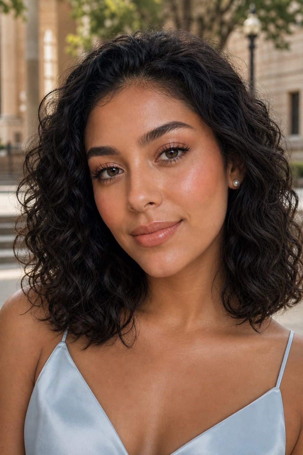 Soft peachy graduation makeup with glowing skin and glossy nude lips