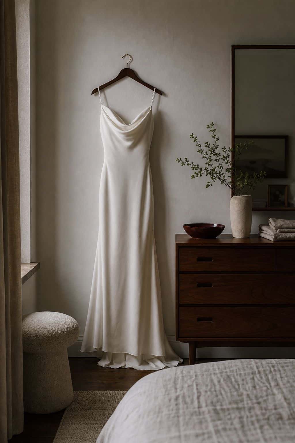 Minimal ivory silk crepe wedding dress hanging beside a walnut dresser in soft daylight