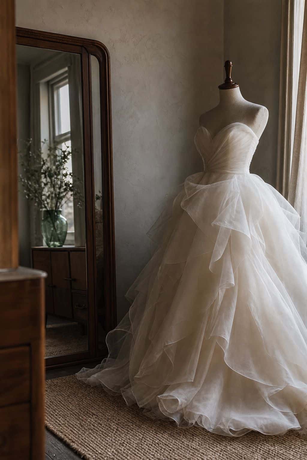 Voluminous ivory organza wedding gown on a dress form beside a walnut mirror