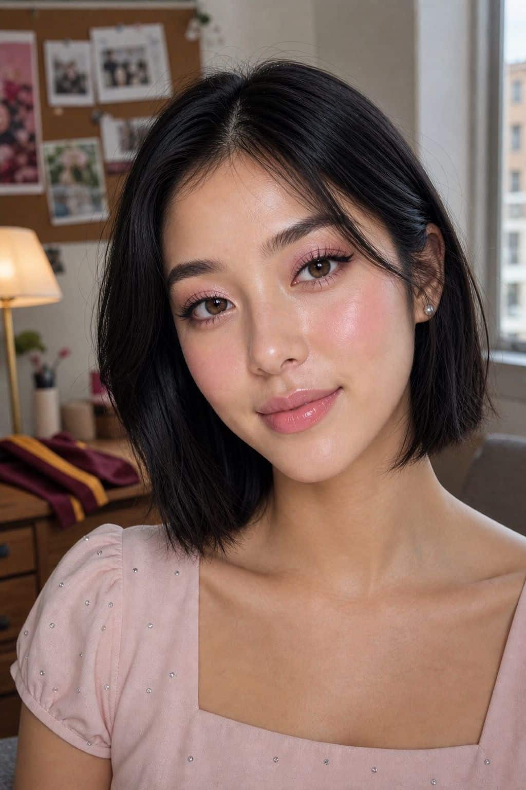 Soft pink doll glam makeup with rosy blush, shimmer eyes, and pink gloss