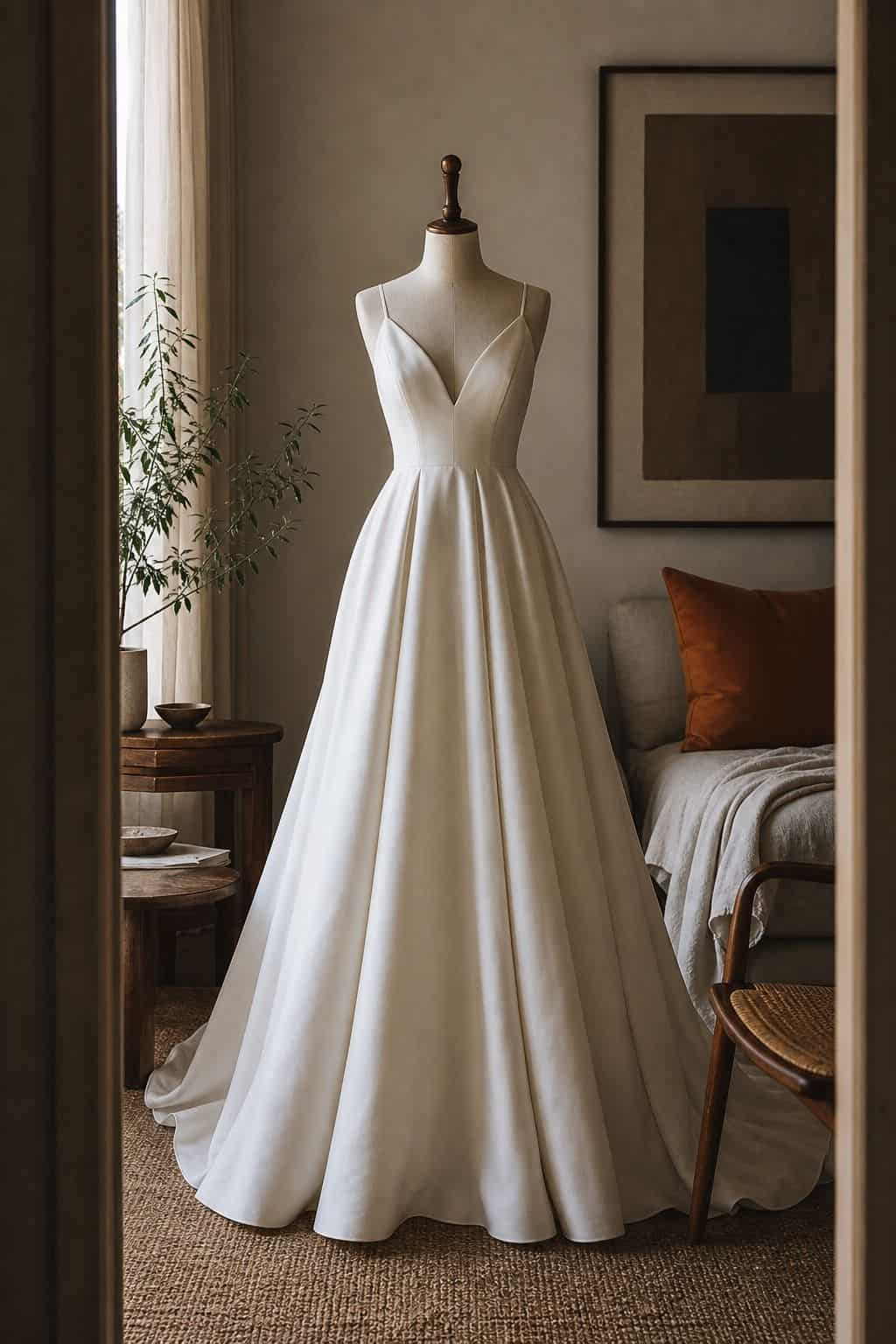 Classic ivory A-line wedding dress on a walnut dress form in a softly lit bedroom
