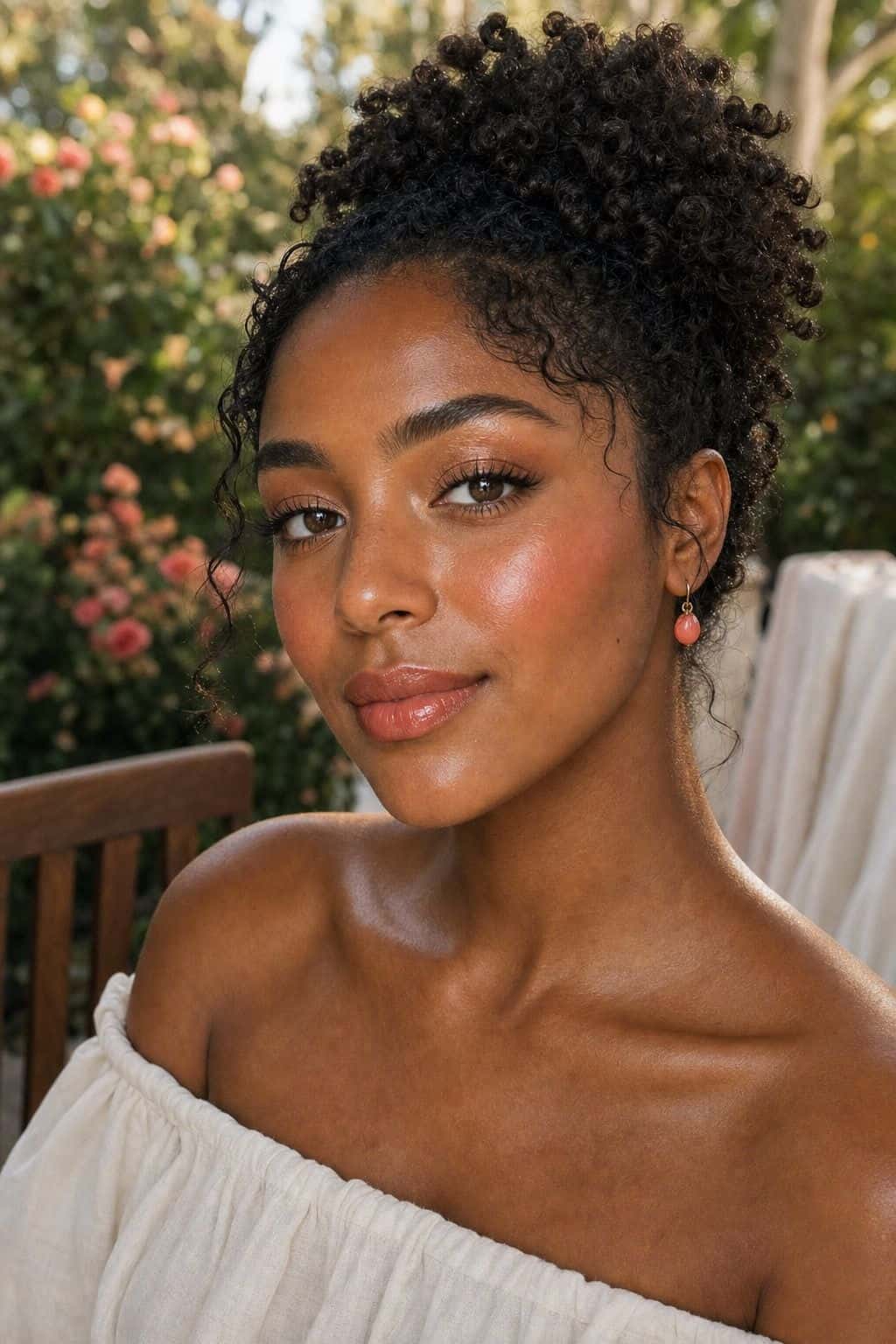Coral glow graduation makeup with bronze shimmer and glossy coral lips