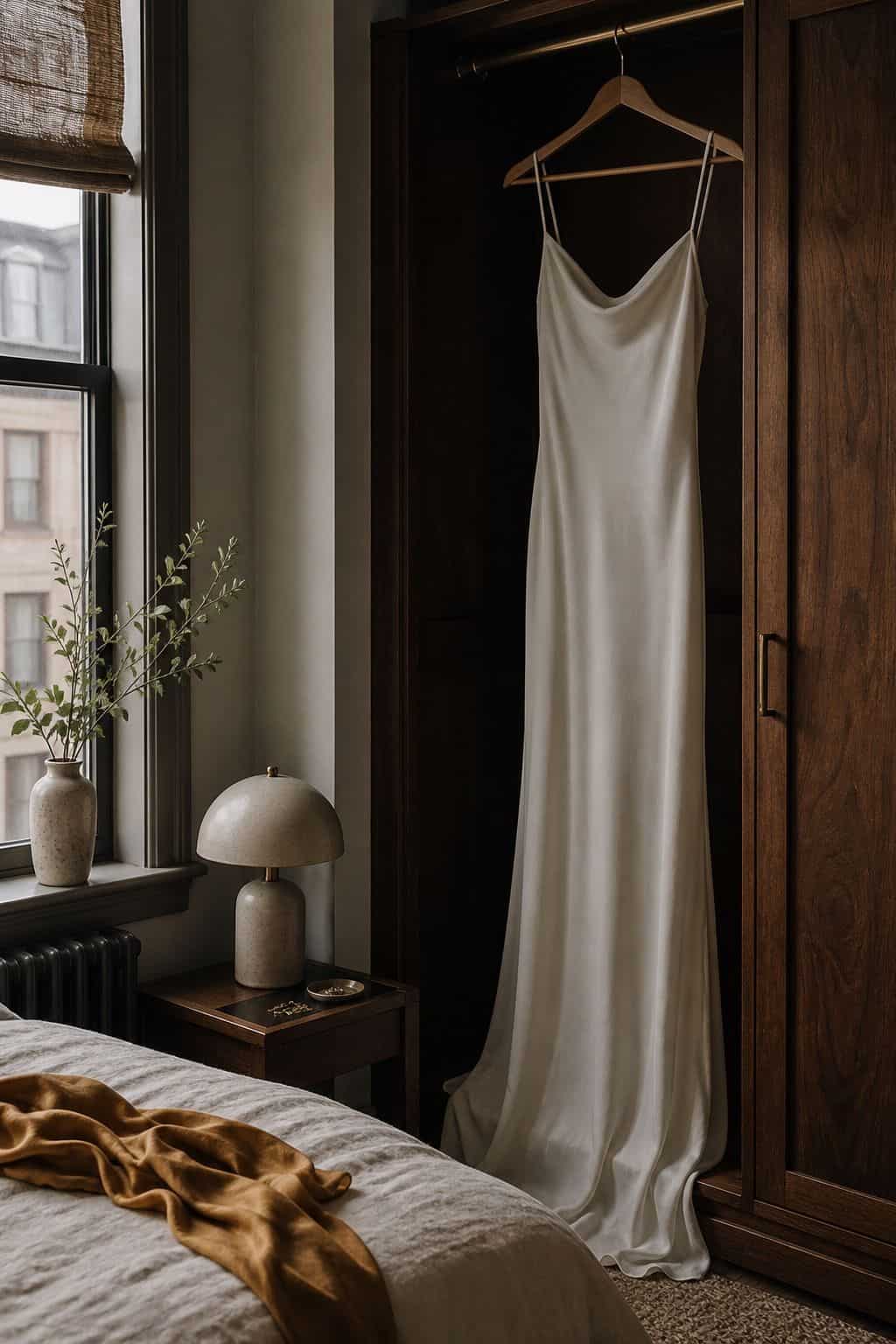 Sleek ivory bridal slip dress hanging from a walnut wardrobe in a summer bedroom