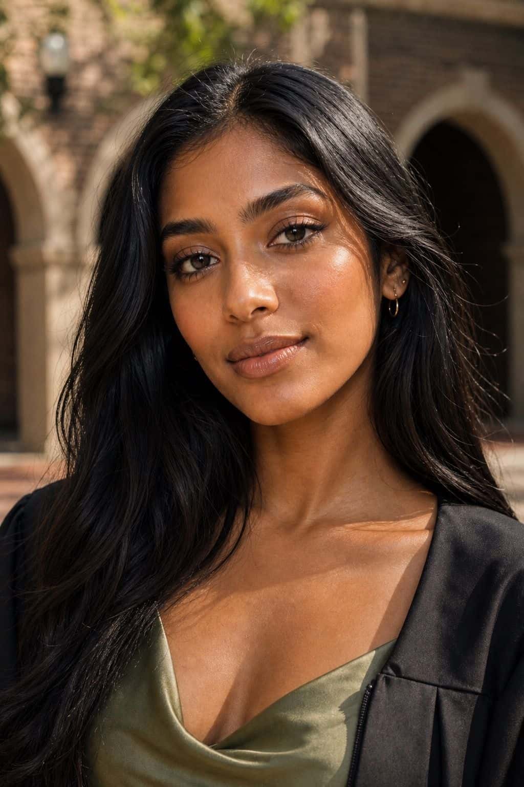 Sun-kissed bronze graduation makeup with bronzy eyeshadow and warm nude lips