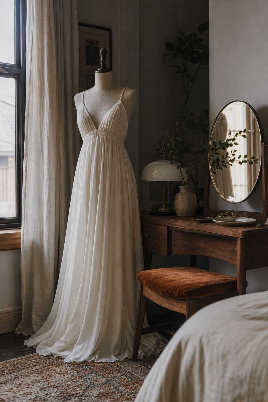 Empire waist ivory wedding dress on a dress form beside a walnut vanity and mirror
