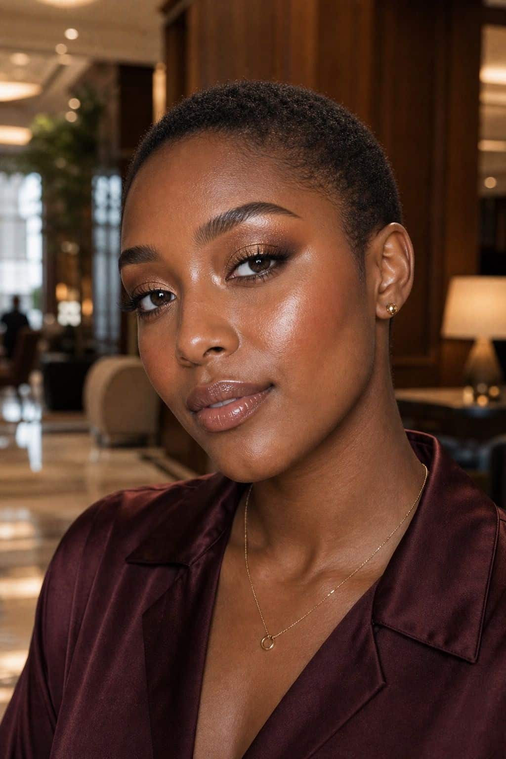 Full bronze graduation makeup with golden highlight and glossy nude lips