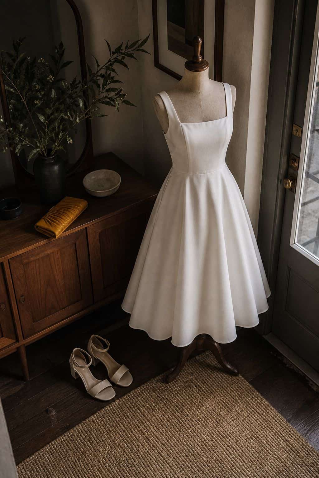 Tea length ivory bridal dress on a walnut form with sandals and a mustard clutch