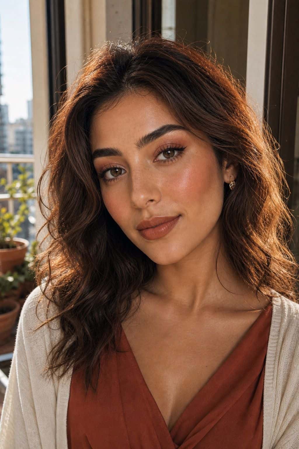 Warm terracotta graduation makeup with earthy eyeshadow and brown lips