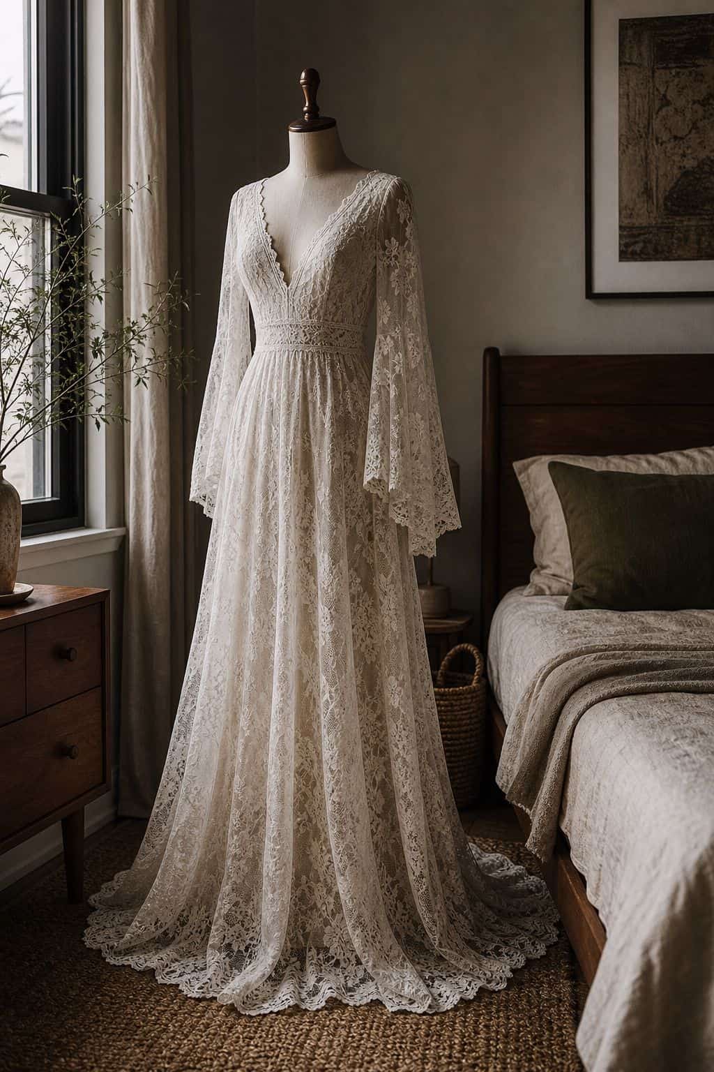 Boho ivory lace wedding gown with soft sleeves on a dress form in a moody bedroom