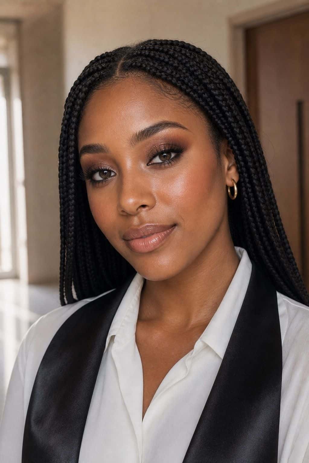 Classic brown smoky eye graduation makeup with nude lips
