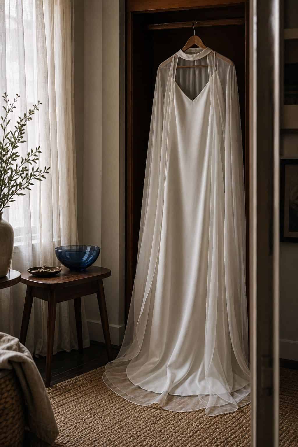Ivory beach-ready slip wedding dress with a sheer cape hanging near soft curtains