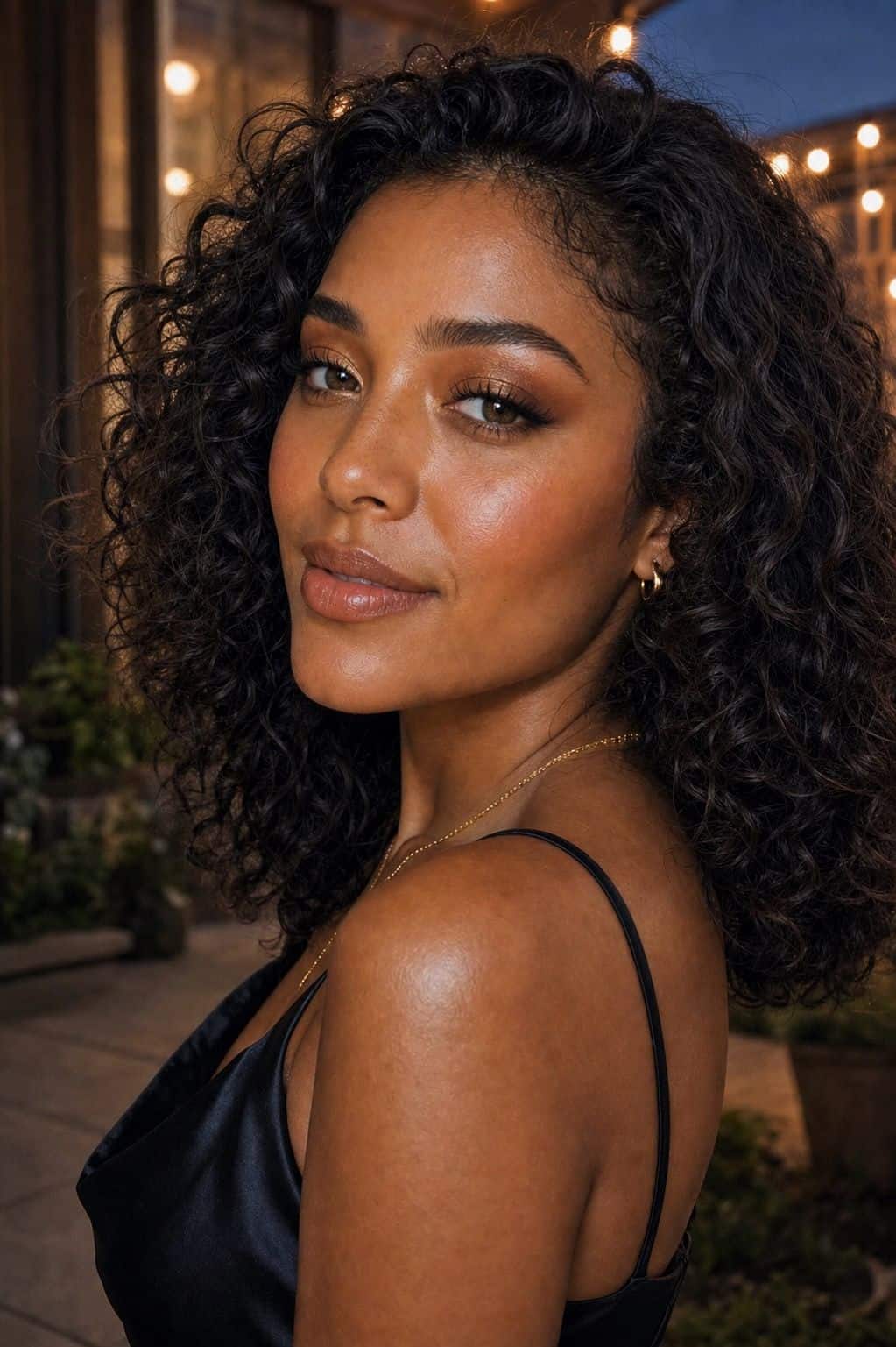 Bronze and gold smoky eye graduation makeup with warm nude lips
