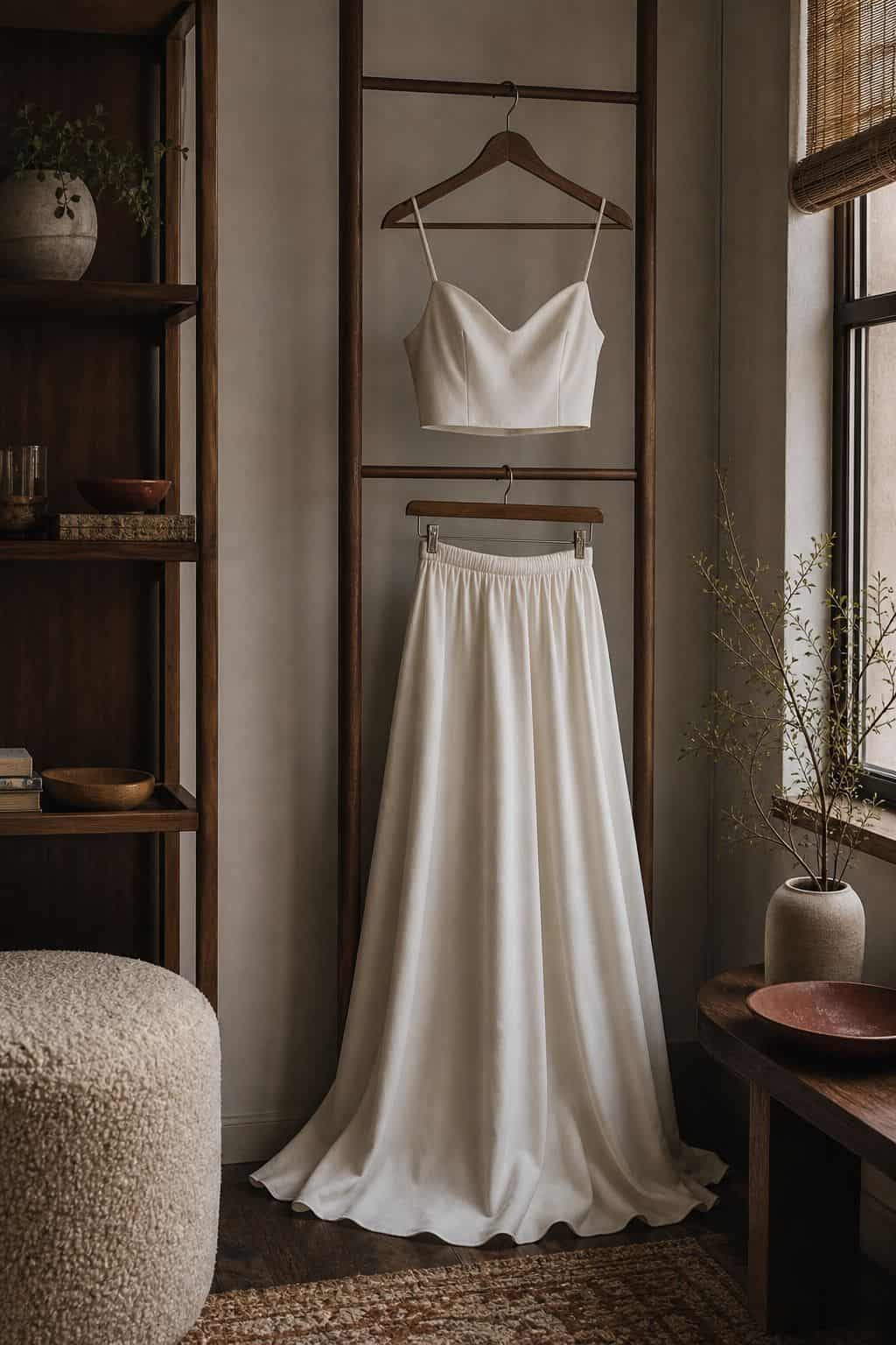 Two piece ivory bridal set with crop top and flowing skirt on a walnut garment rack