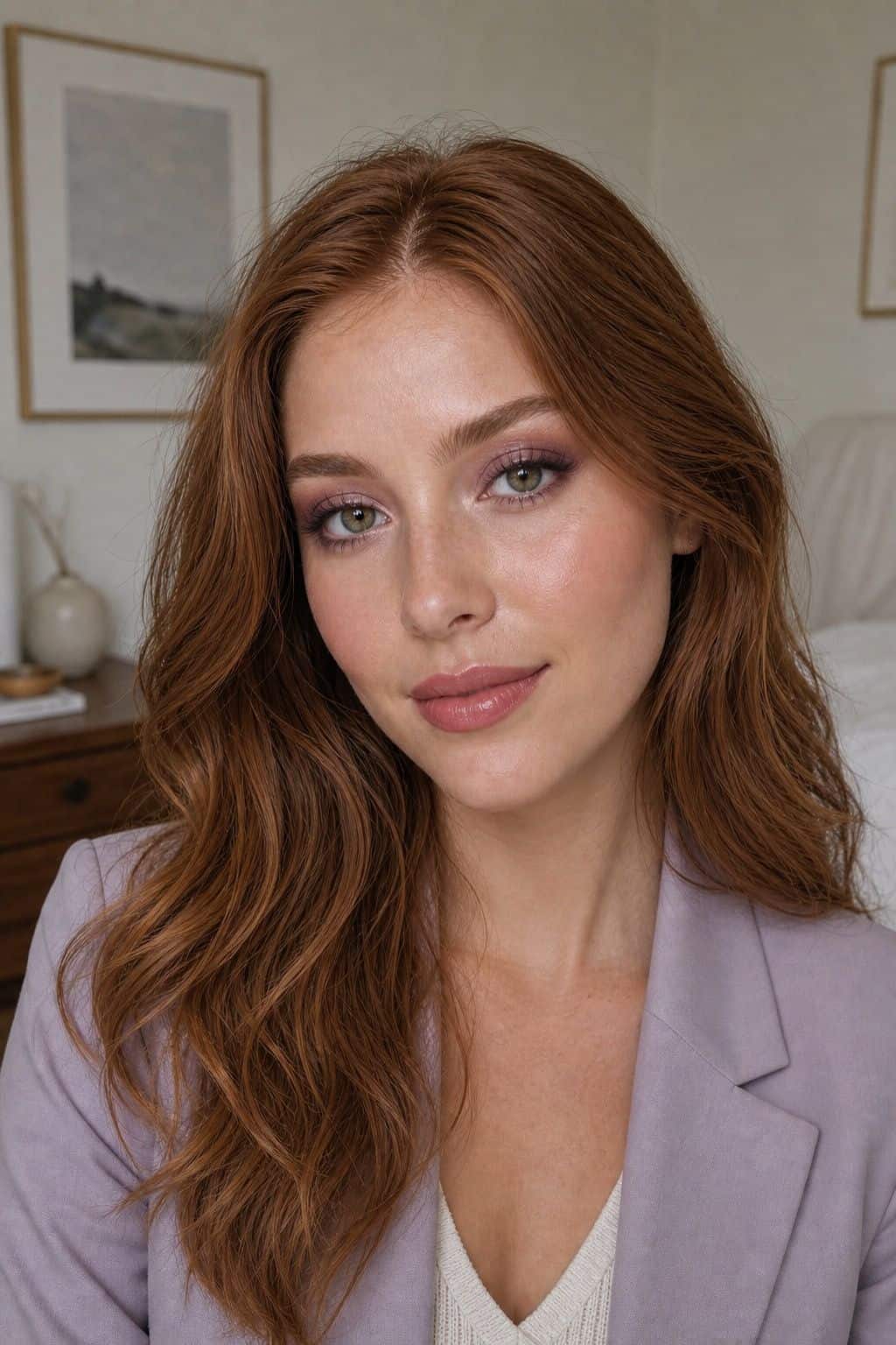 Subtle mauve smoky eye graduation makeup with neutral pink lips