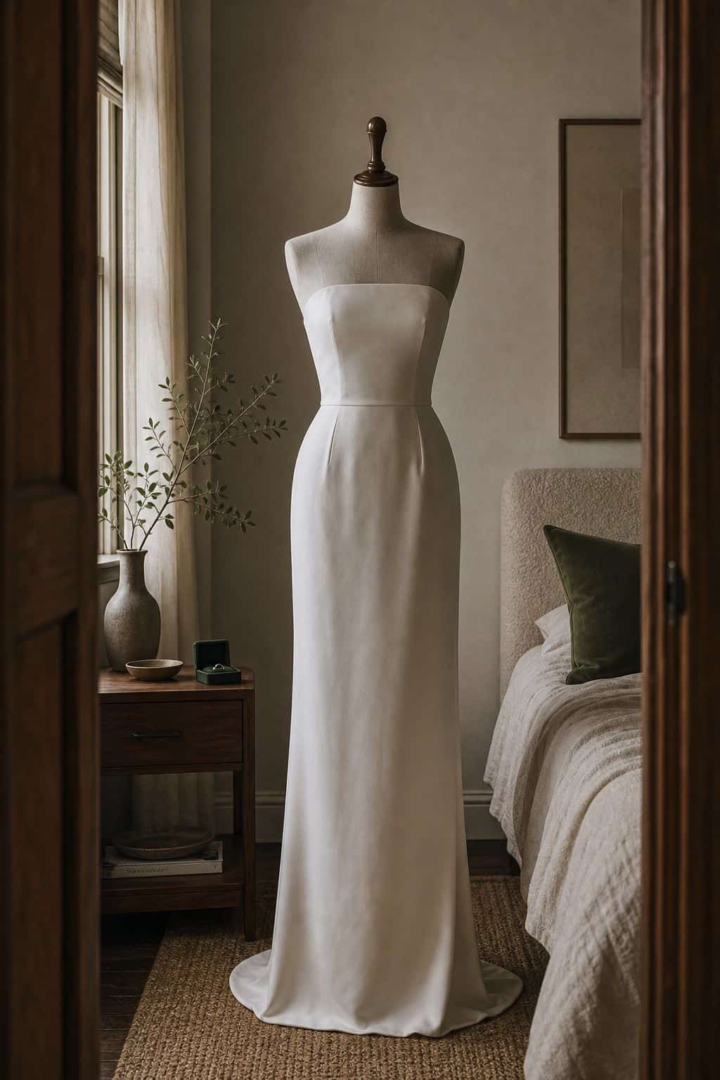 Strapless ivory column wedding gown on a walnut dress form in a minimalist bedroom
