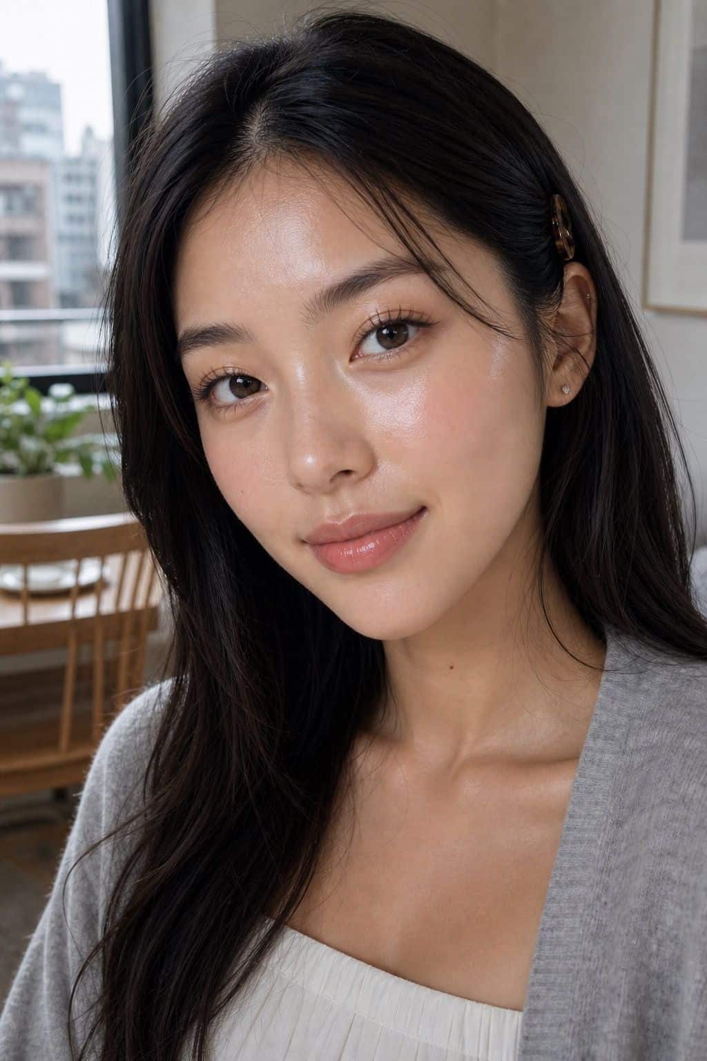 Glass skin no-makeup makeup with dewy skin and glossy lips