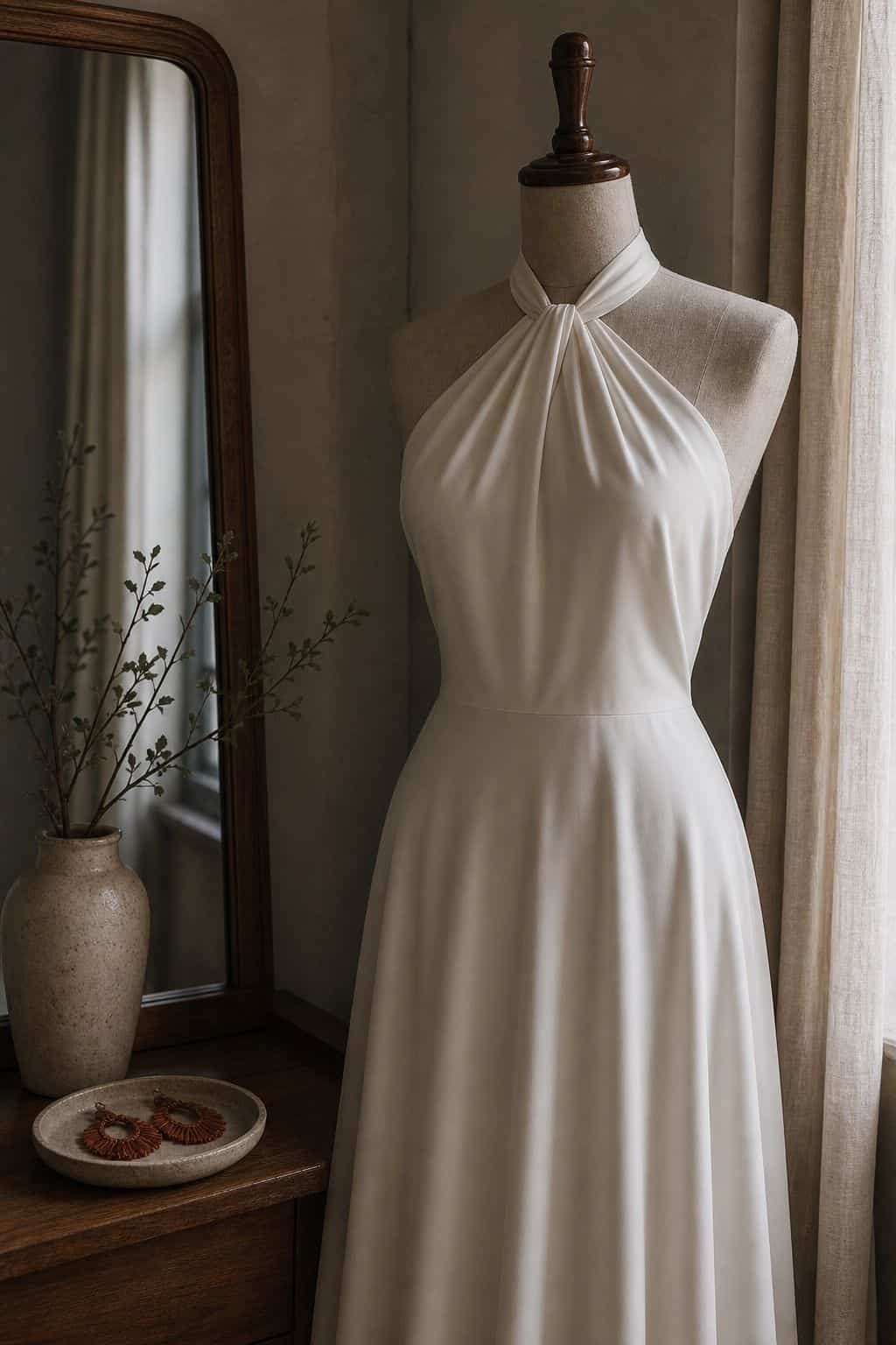 Modern ivory halter neck wedding dress on a dress form in an apartment dressing nook
