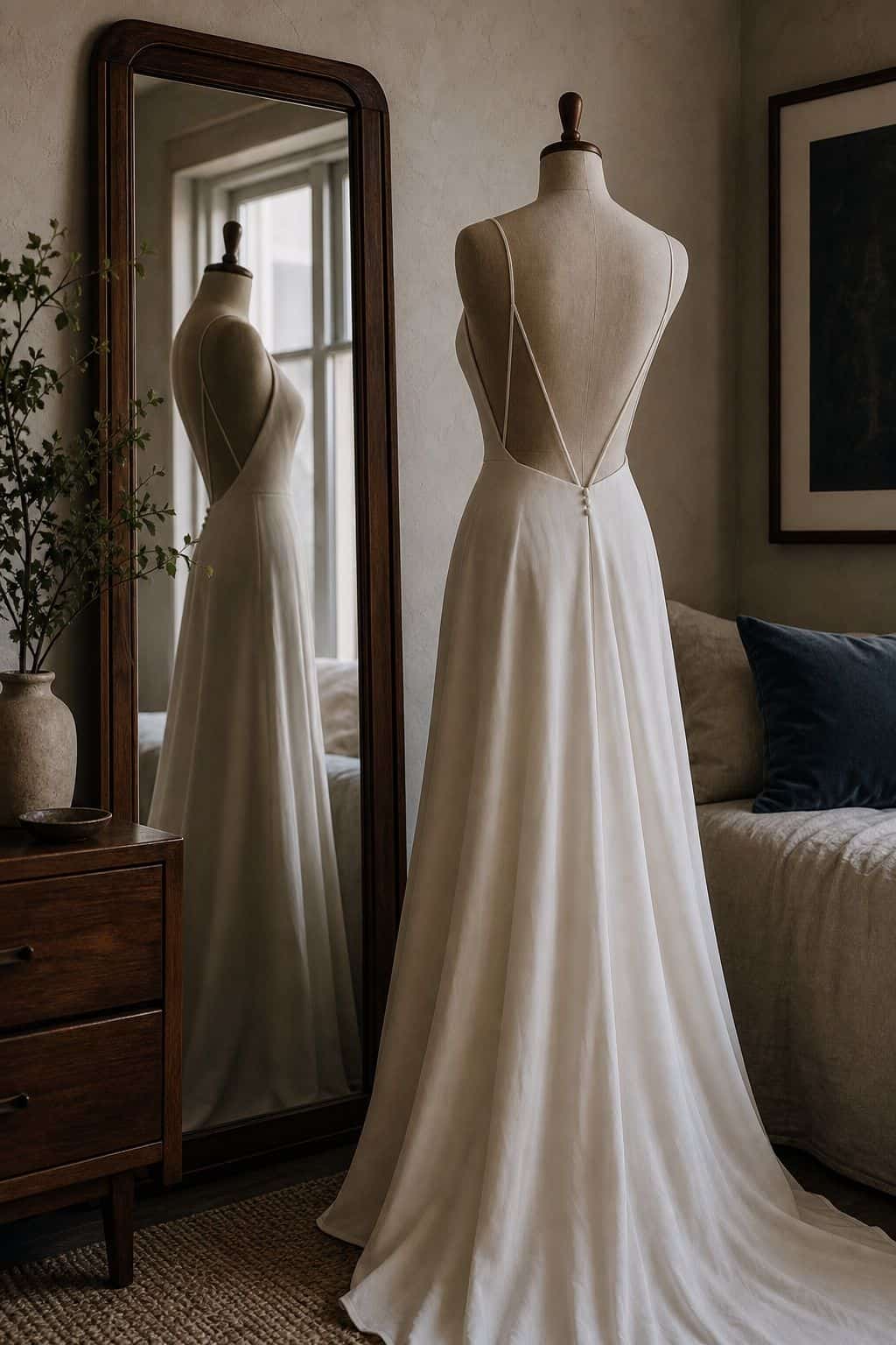 Backless ivory wedding dress facing a walnut mirror with the open back visible