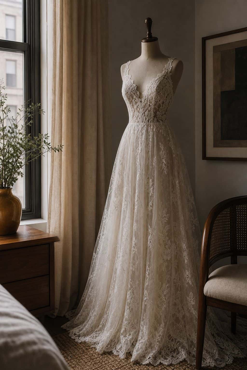 Romantic ivory lace wedding gown with soft detailing beside a bright apartment window