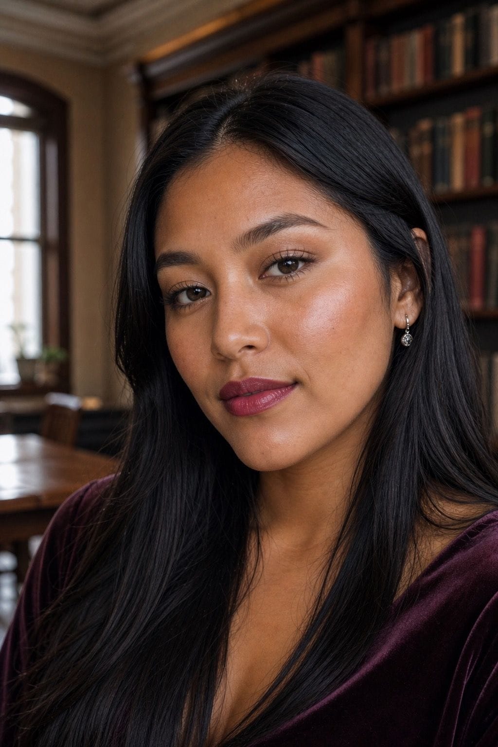 Berry stained lip graduation makeup with neutral eyes and soft bronzer