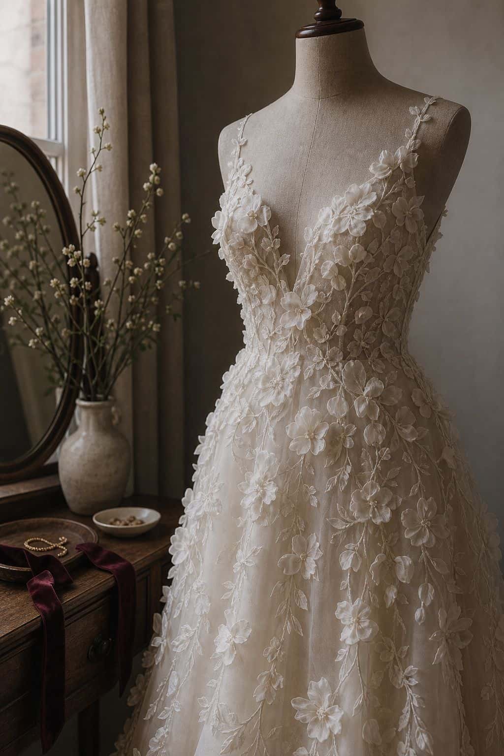 Ivory wedding gown with dimensional 3D floral appliques on a dress form by a window
