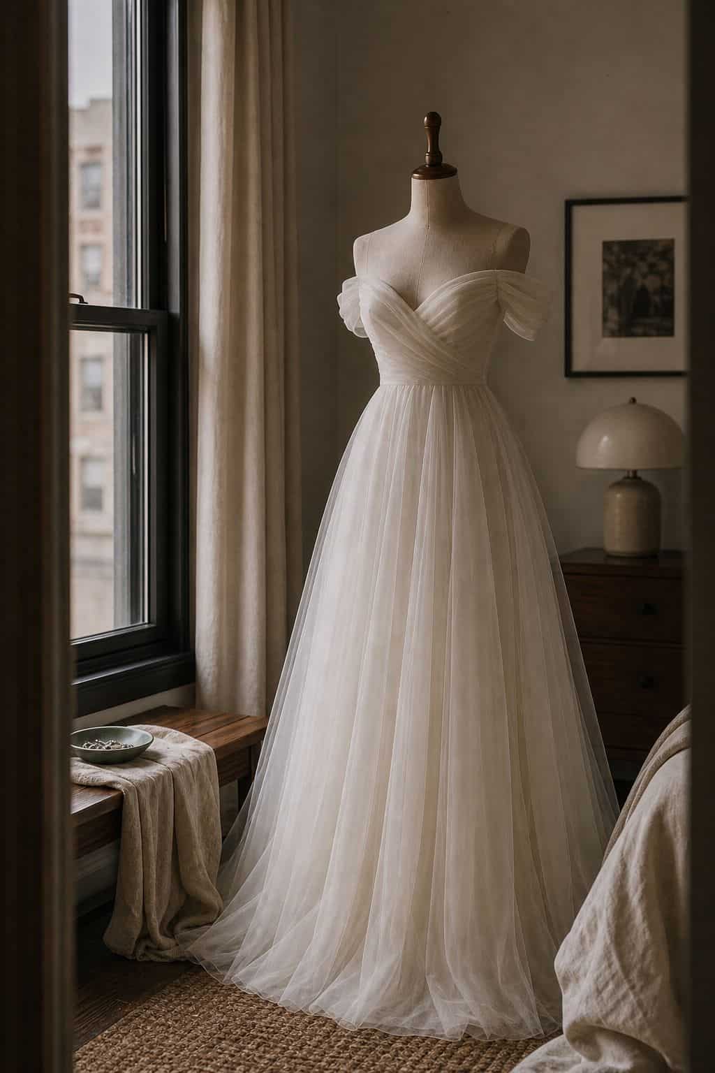 Off the shoulder ivory wedding dress on a dress form in a softly lit apartment bedroom