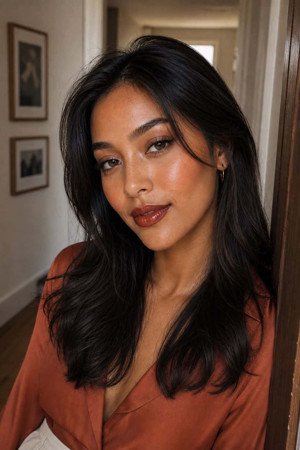 Brick red lip graduation makeup with neutral bronzed eyes