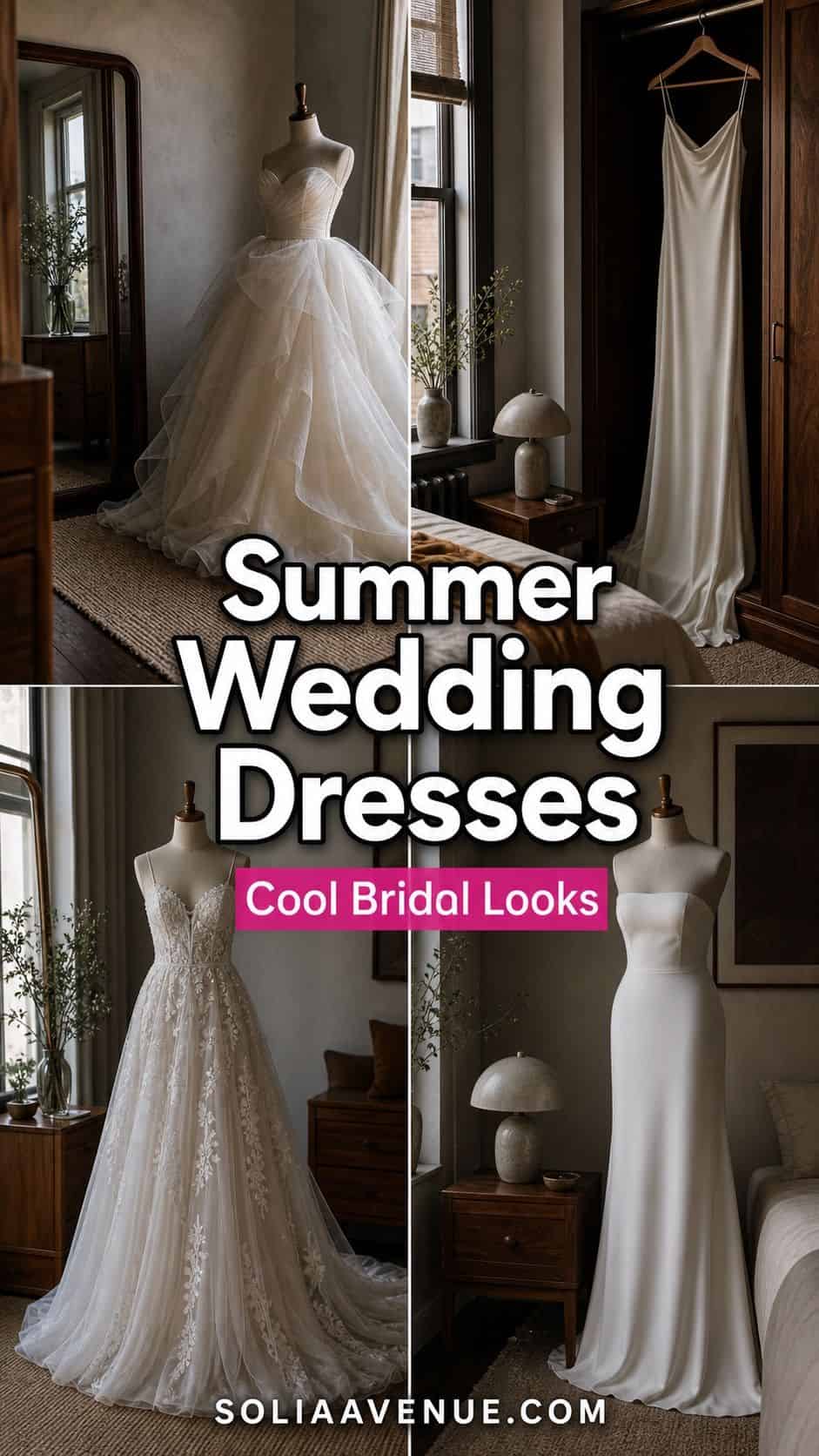 Pinterest collage of summer wedding dresses with white title text and pink subtitle bar