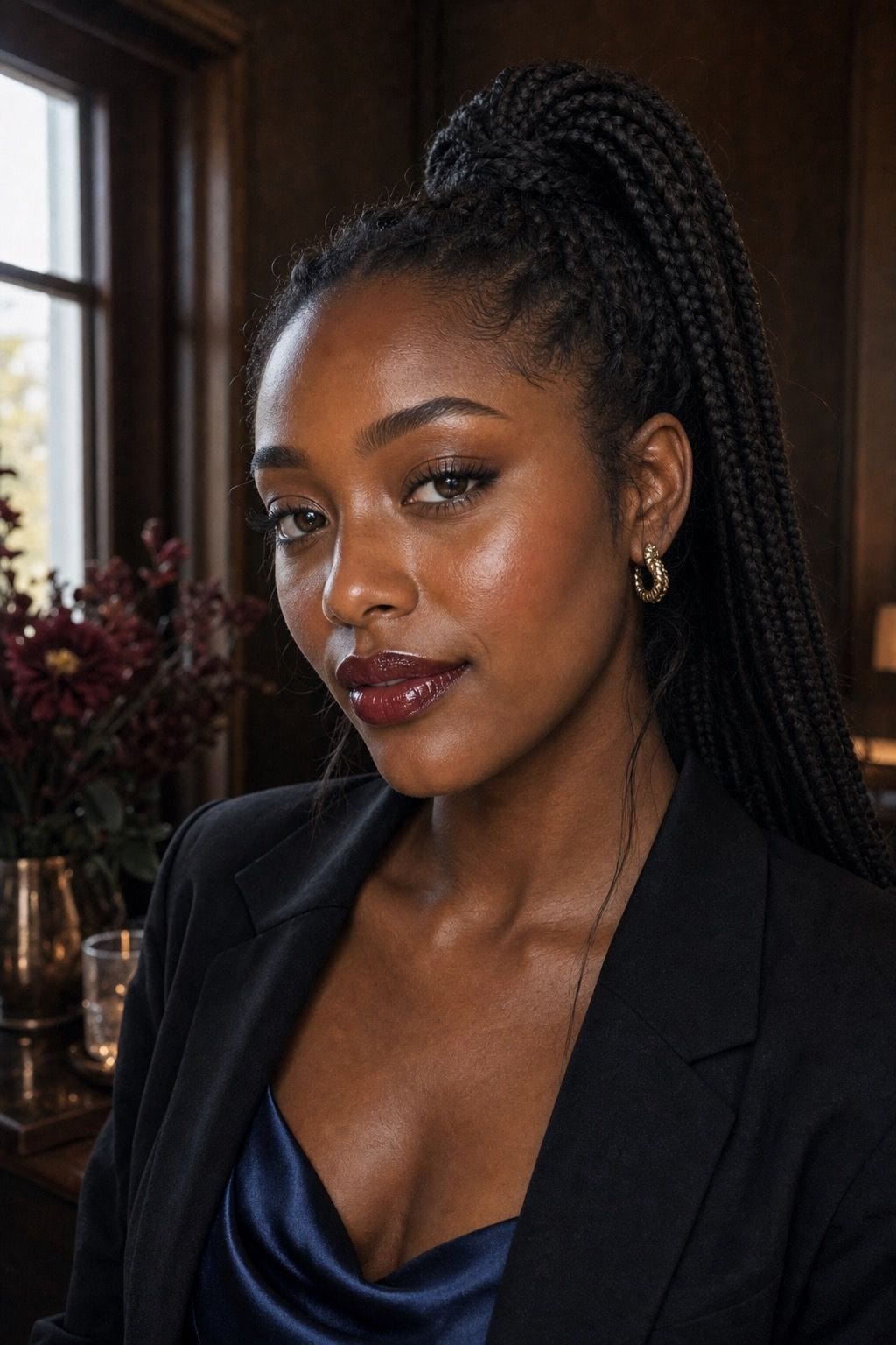 Glossy plum lip graduation makeup with luminous skin and neutral eyes