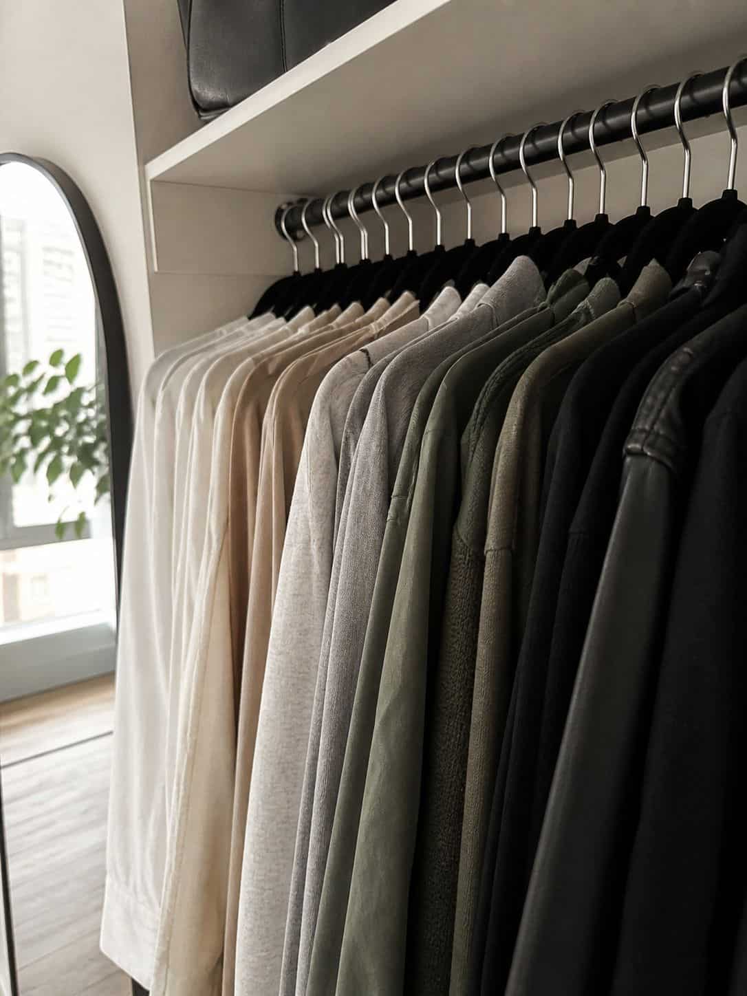 Closet organization with neutral-toned shirts on hangers.