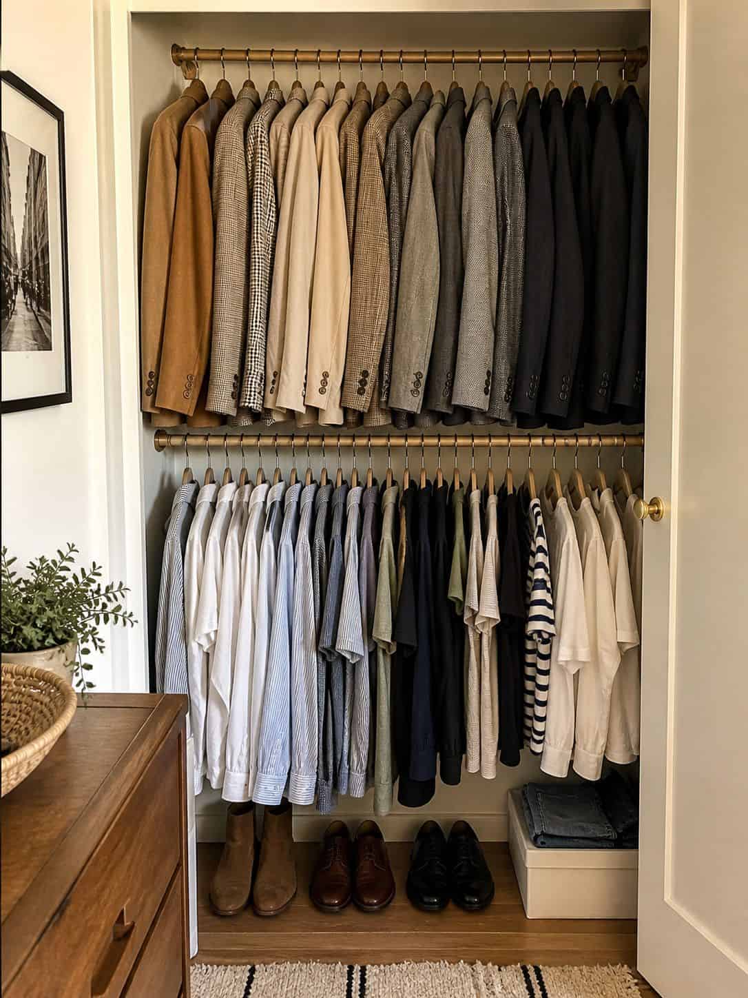 Well-organized small apartment closet with neatly hung suits and shirts.