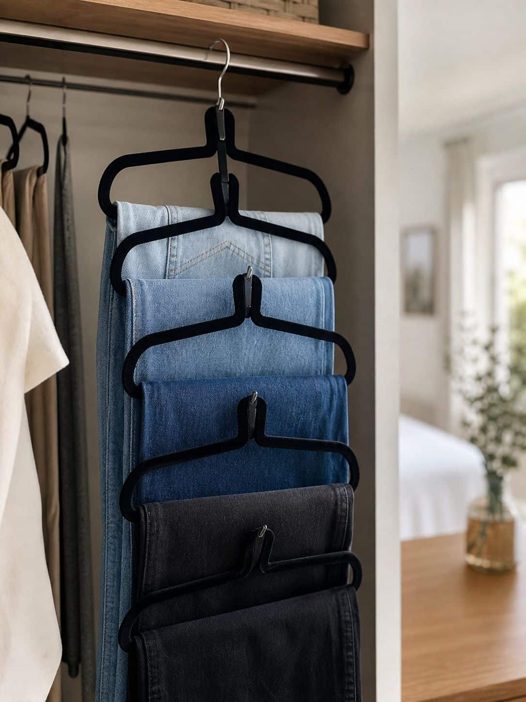 Closet organizer with multiple pairs of jeans, a small apartment closet idea.